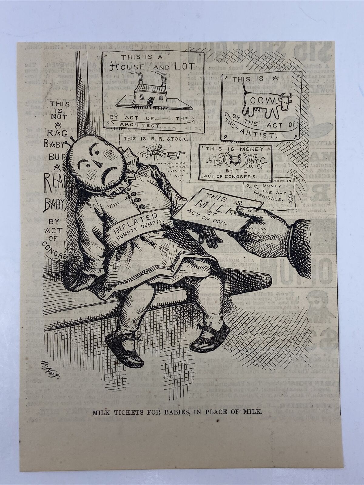 1876 Thomas Nast Engraving Humpty Dumpty Rag Doll Political Historical Baby