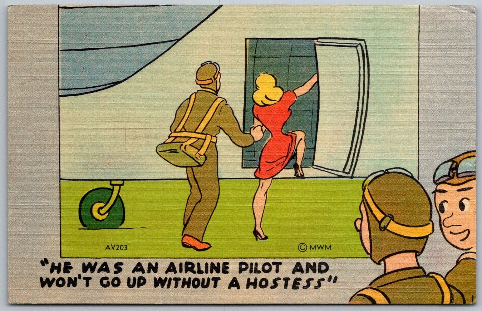 WWII Comic Humor Soldiers 1940s Postcard Airline Pilot Won't Go Without Hostess