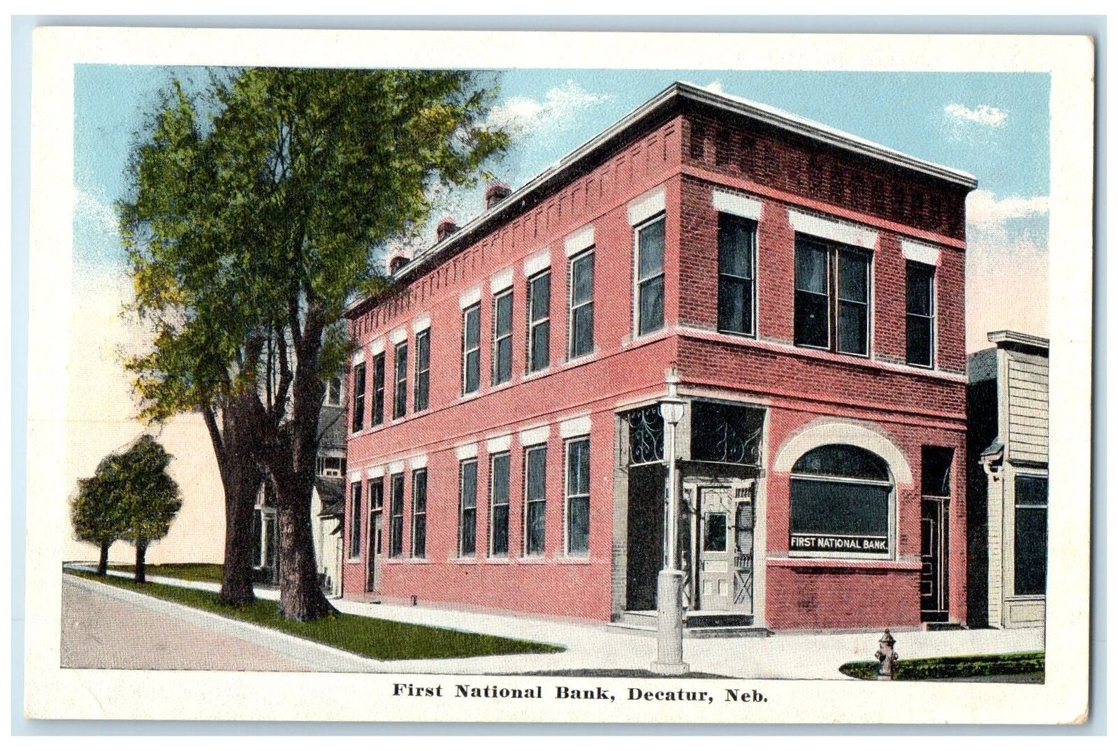c1920's First National Bank Exterior Roadside Decatur Nebraska NE Trees Postcard