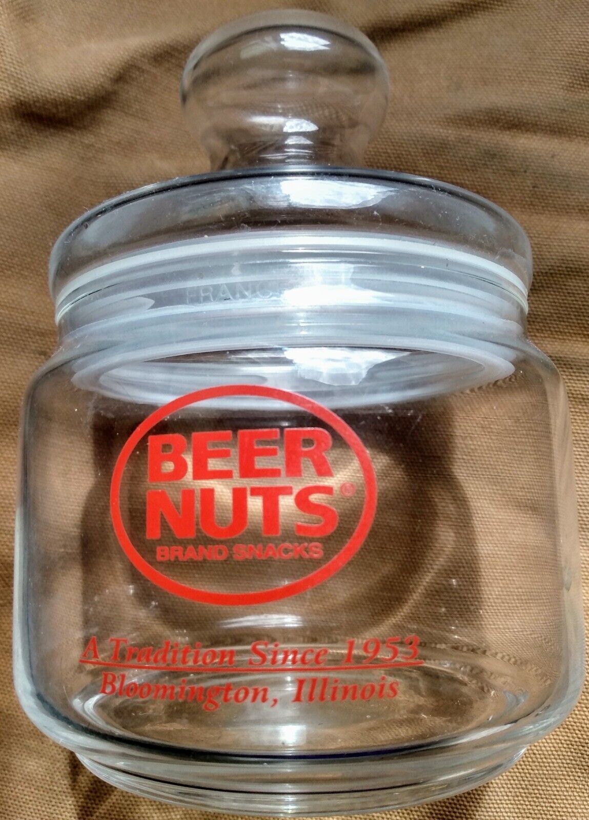 VINTAGE BEER NUTS GLASS JAR W/ LID