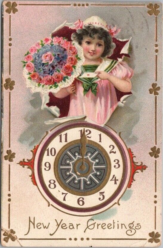 1910 Tuck\'s HAPPY NEW YEAR Embossed Postcard Little Girl Bouquet of Pink Roses