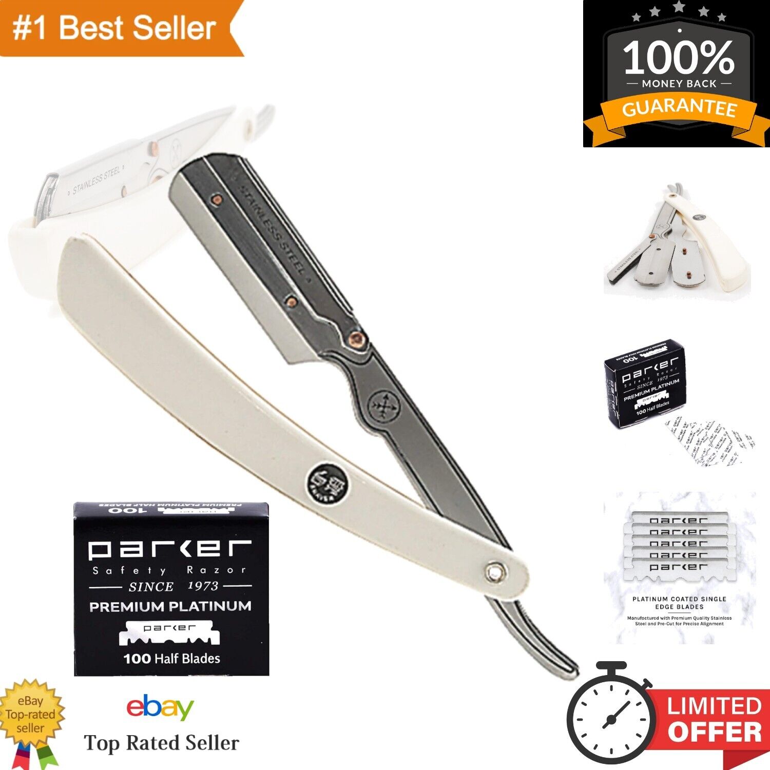 Professional Straight Edge Barber Razor with 100 Platinum Stainless Steel Blades