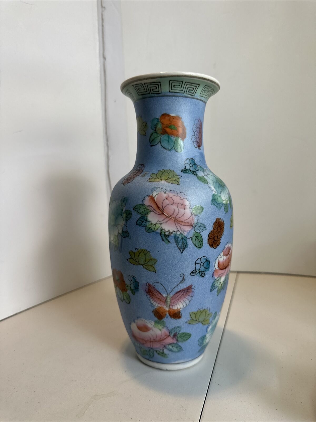 vintage porcelain Handpainted Blue Floral Butterflies Chinese Vase 10” Matte