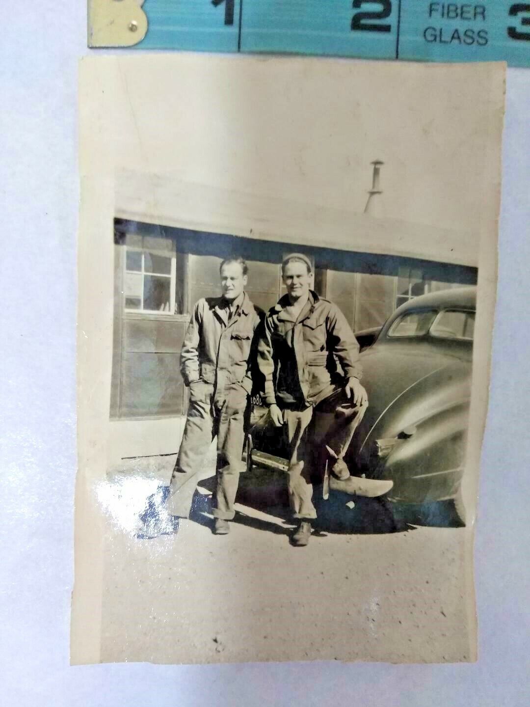 Vtg 1940s Photo Two Military Soldier Men Standing In Front Of A Car ~ Ships FREE