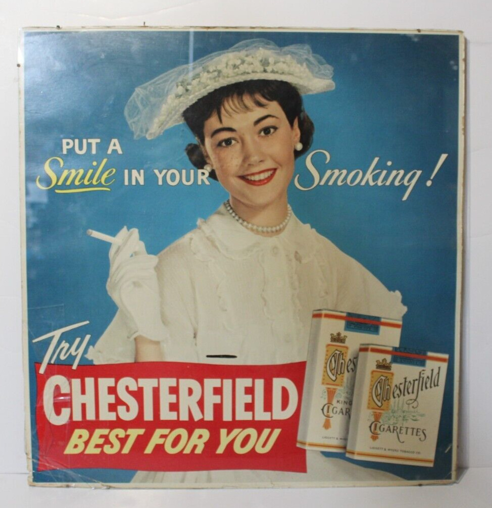 1950s ADVERTISING SIGN VINTAGE CHESTERFIELD CIGARETTES SIGN SMOKING PRETTY WOMAN