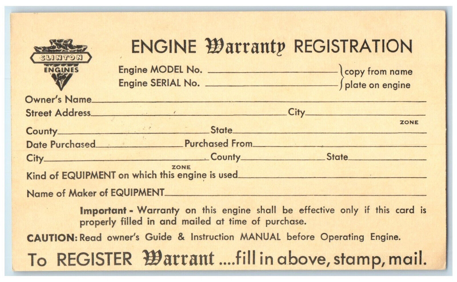 c1940's Engine Warranty Registration Clinton Engines Maquoketa IA Postal Card