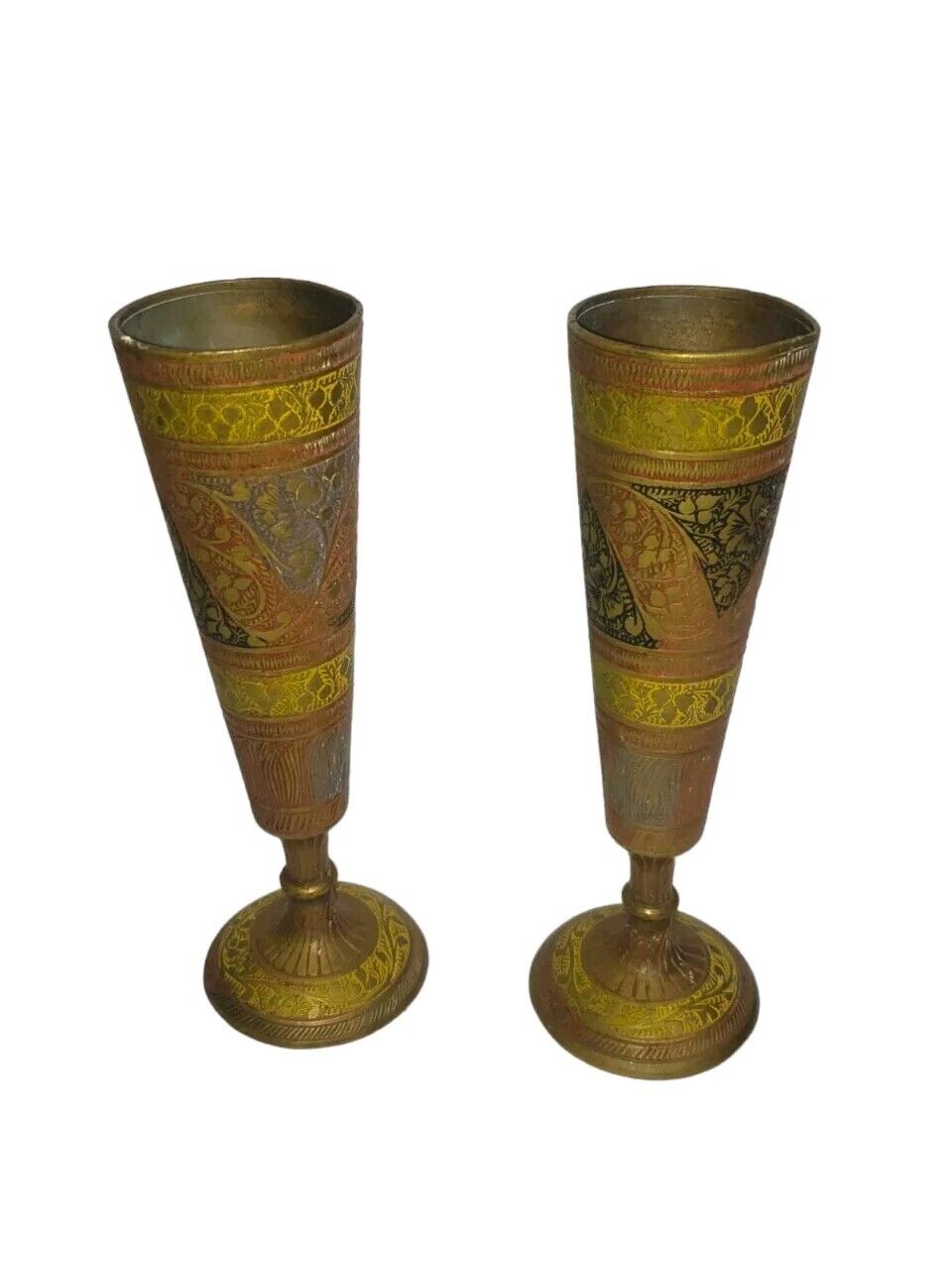 Vintage Pair Solid Brass Hand Painted Indian Made Etched Vase Floral Design