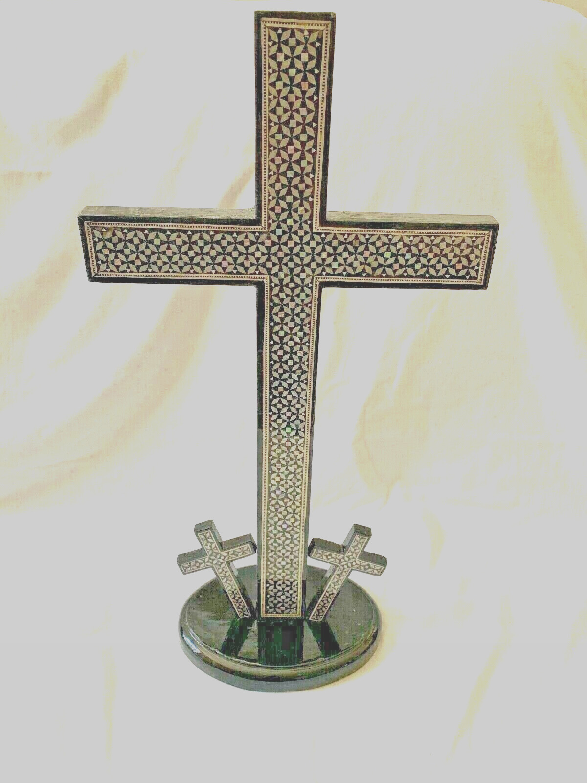 X-Large Egyptian Handmade Inlaid Wooden Triple Cross on Stand 20.5