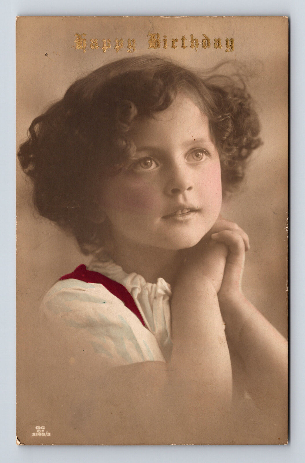 1916 RPPC Hand Colored Portrait of Young Girl Curly Hair Happy Birthday Postcard
