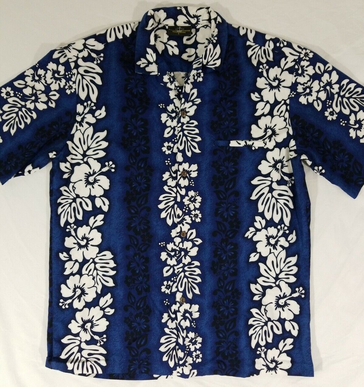 Royal Creations Blue & White Hawaiian Aloha Shirt Tropical Foliage Flora Mens L