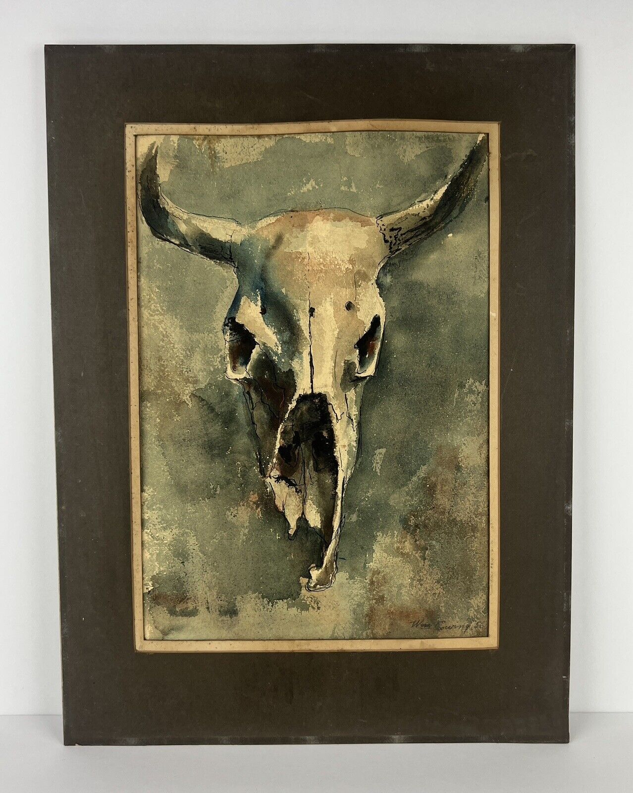 Vtg Western Watercolor Painting Skull Horns Cow Steer William R Cowling AS IS