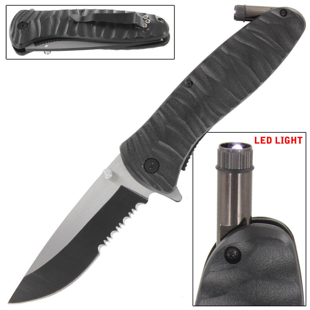 Emergency Code Black Folding Knife with LED Flashlight - Assisted Pocket Blade