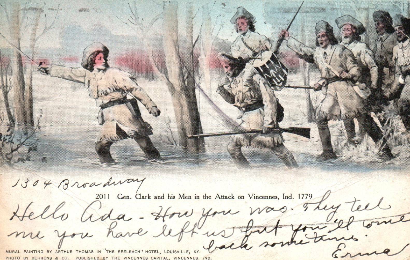 Vintage PPC - Gen Clark & His Men in the Attack on Vincecces, Ind - F24483
