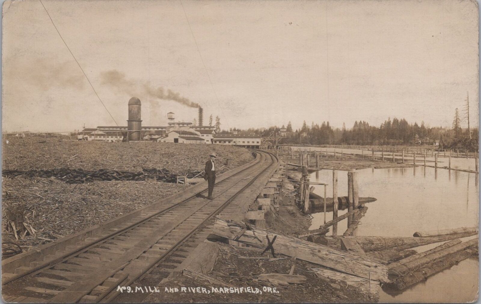C.A.Smith Mill and River Railroad Marshfield Oregon 1912 RPPC Photo Postcard