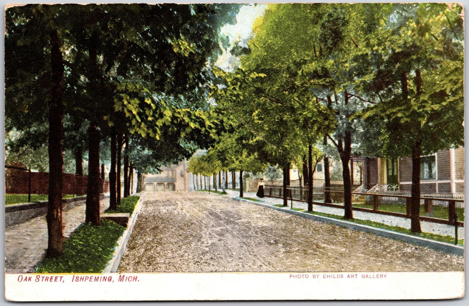 1910\'s Oak Street Ishpeming Michigan MI Lined Trees Residential Posted Postcard