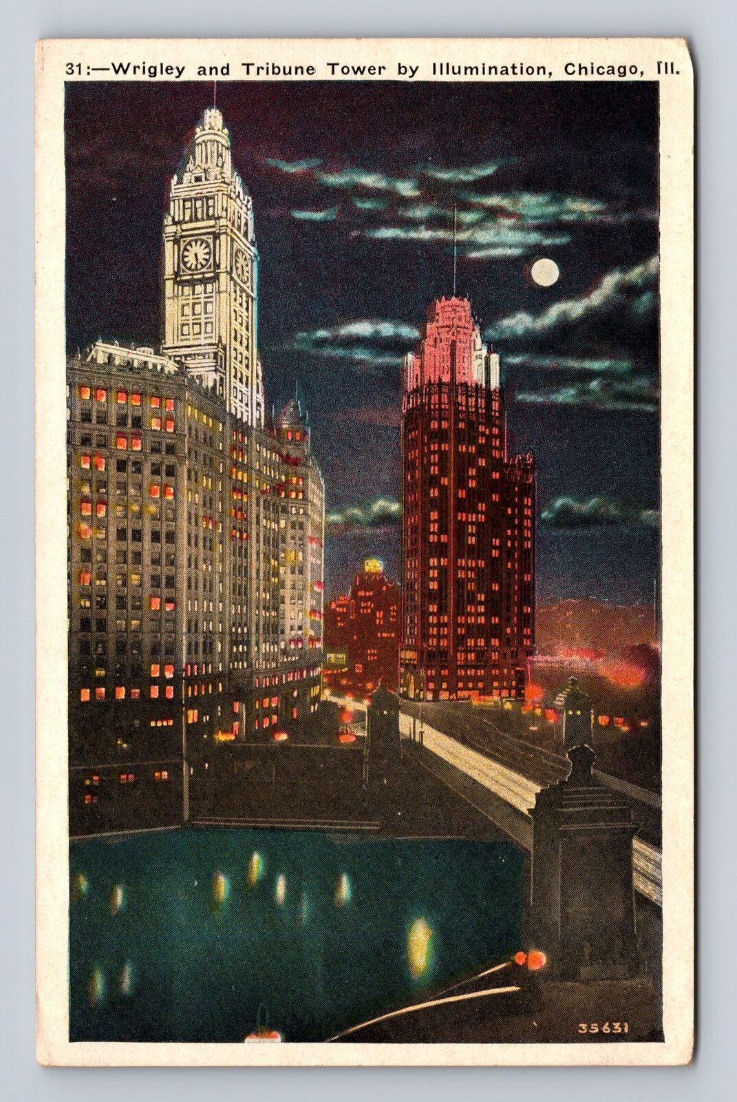 Chicago IL-Illinois, Wrigley And Tribune Tower By Illumination Vintage Postcard
