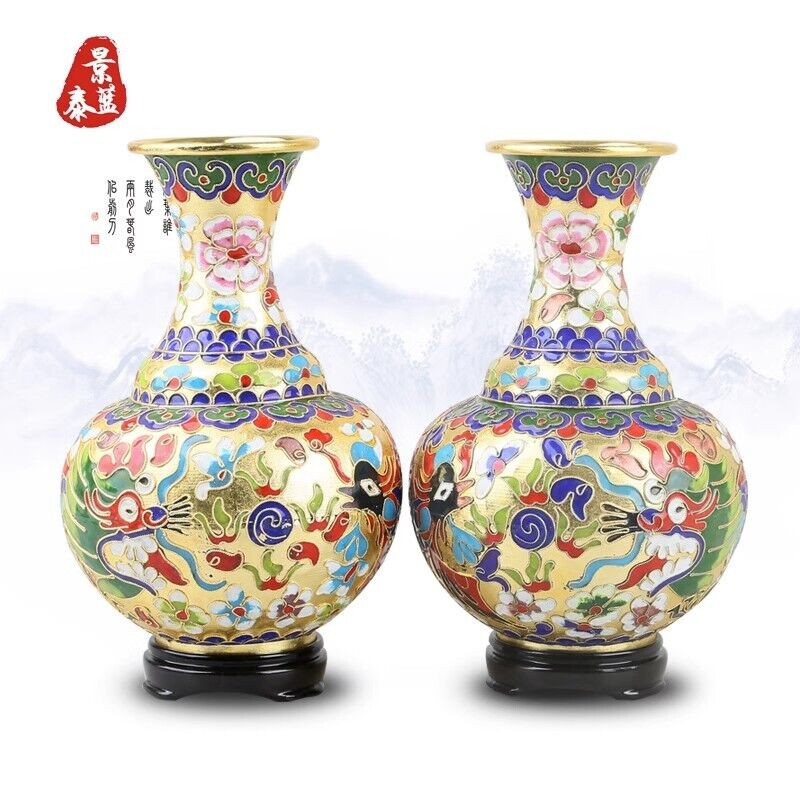 10″ Exquisite copper Cloisonne enamel vase pair dragon phoenix big flower bottle