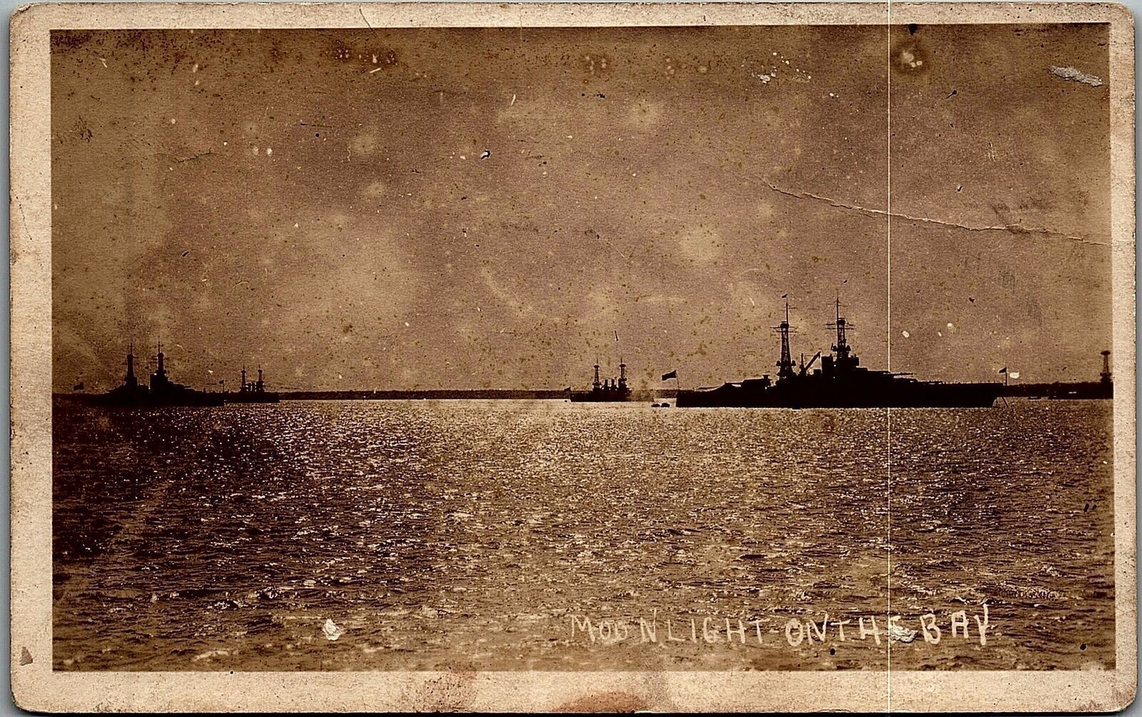 1940s WWII US BATTLESHIPS MOONLIGHT ON THE BAY REAL PHOTO POSTCARD 29-101