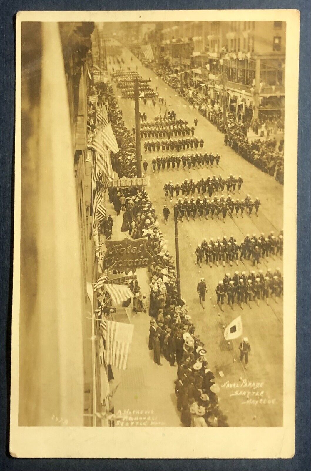 RPPC Seattle Washington Annual US Navy Parade 1908 Hotel Victoria US Flags