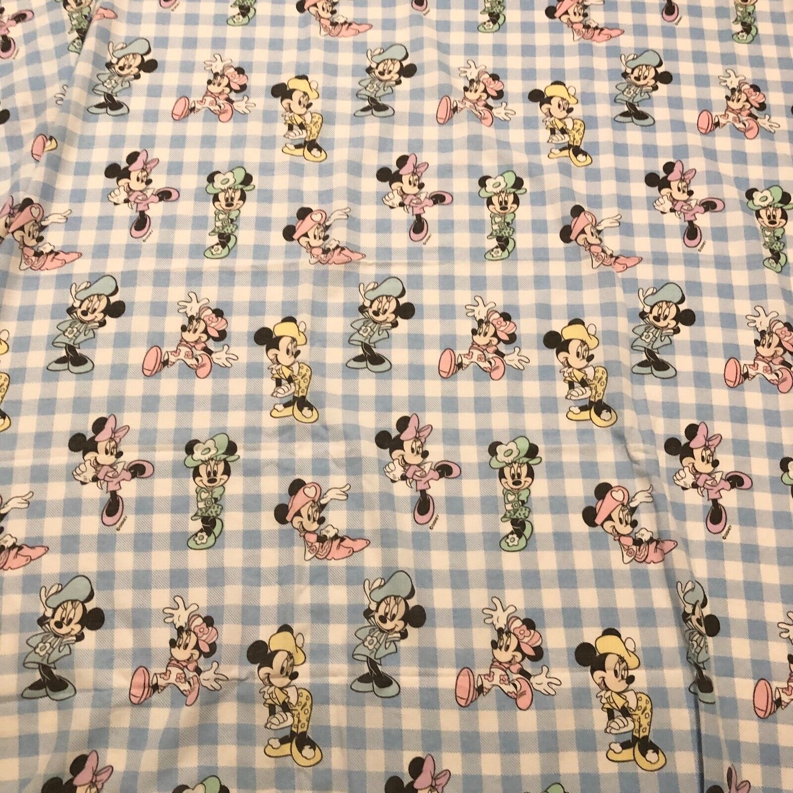 Vintage Disney Minnie Mouse Double Flat Bed Sheet Blue White Gingham Check 96x76