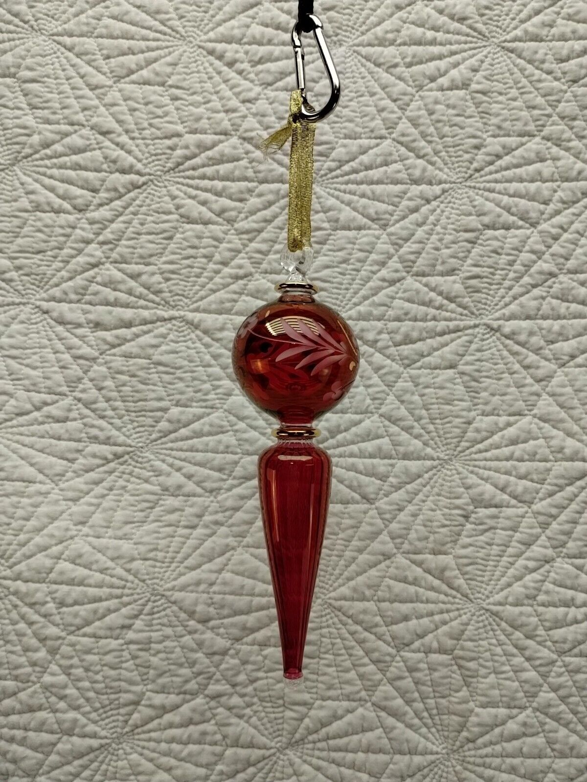 Egyptian Hand Blown Cranberry Glass 24K Gold Etched Christmas Ornament 8.5\