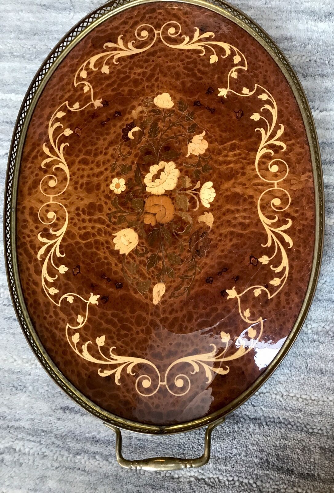 Marquetry Inlaid Wood Serving Tray Brass Trim with Handles Italy 20.5 X 12.5