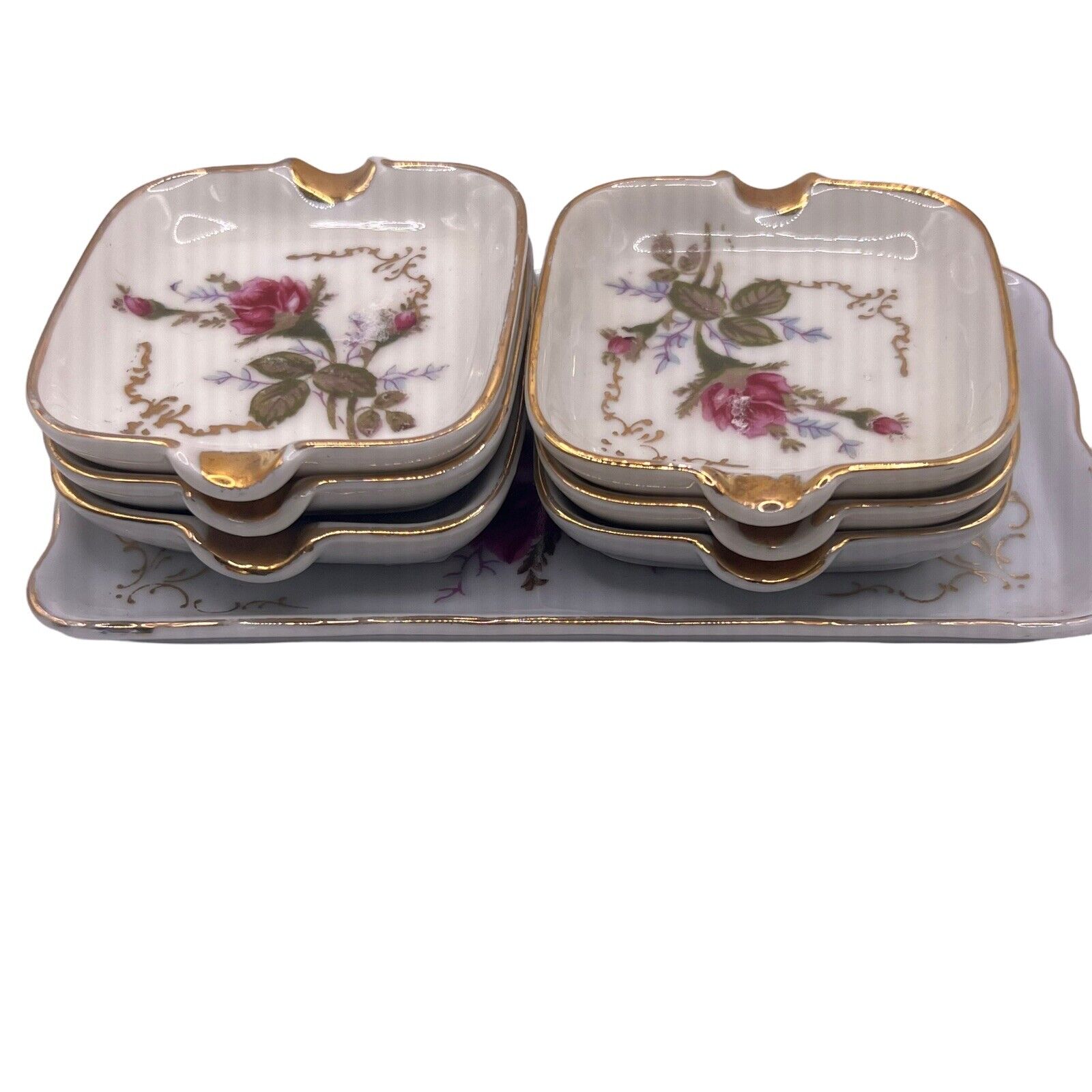 Vintage Set of 6 Royal Healy Rose Design Hand-painted Ashtrays On Matching Tray