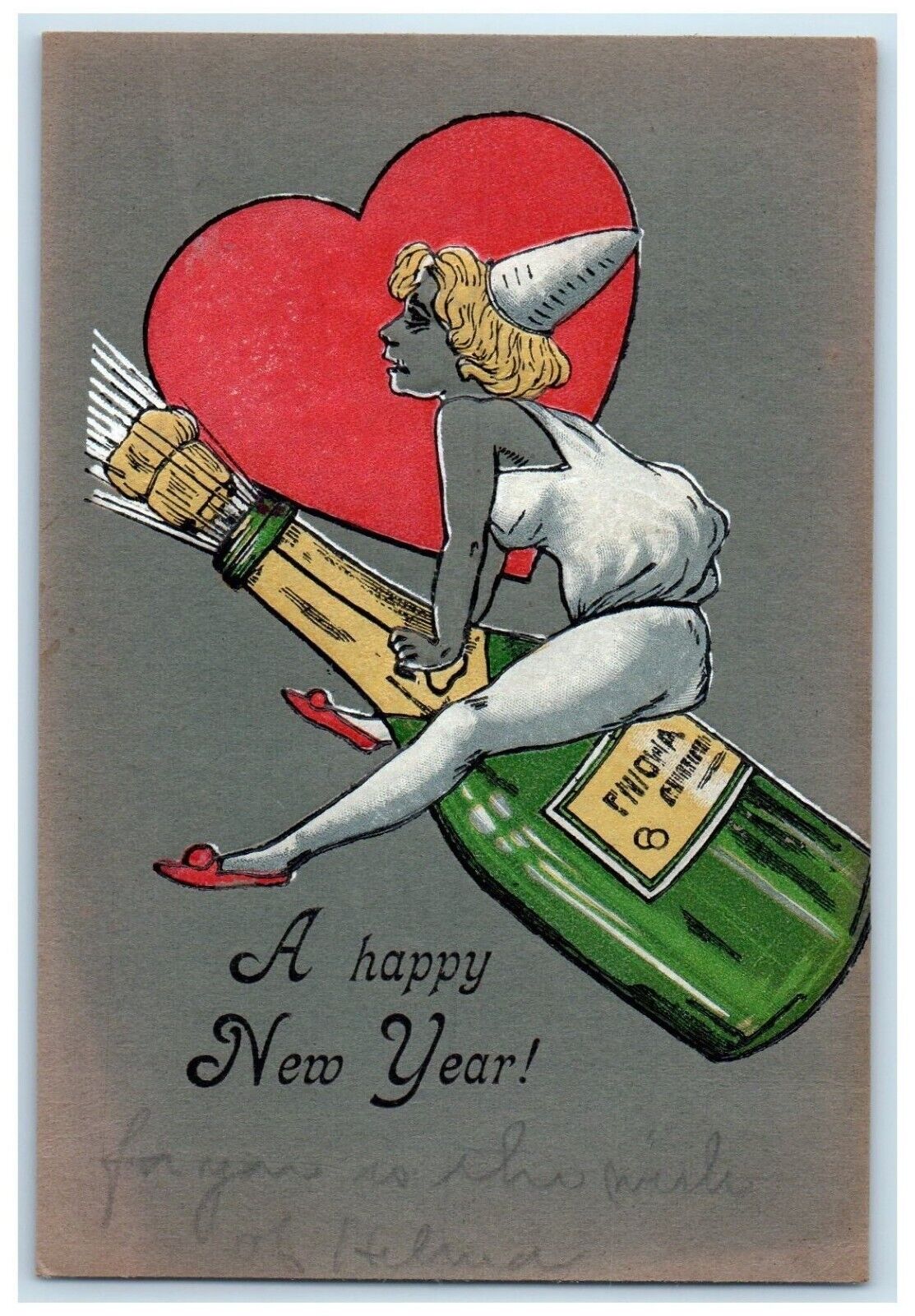1908 New Year Girl Champagne Bottle Heart Brockton Massachusetts MA Postcard