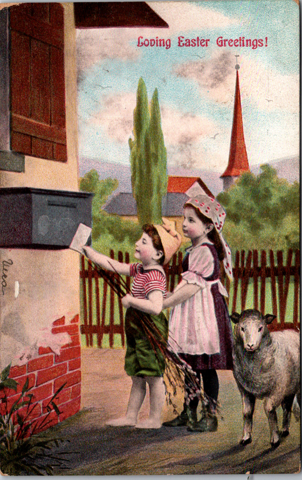 Loving Easter Greetings Little Boy & Girl w/ Lamb Mailing a Vintage Postcard