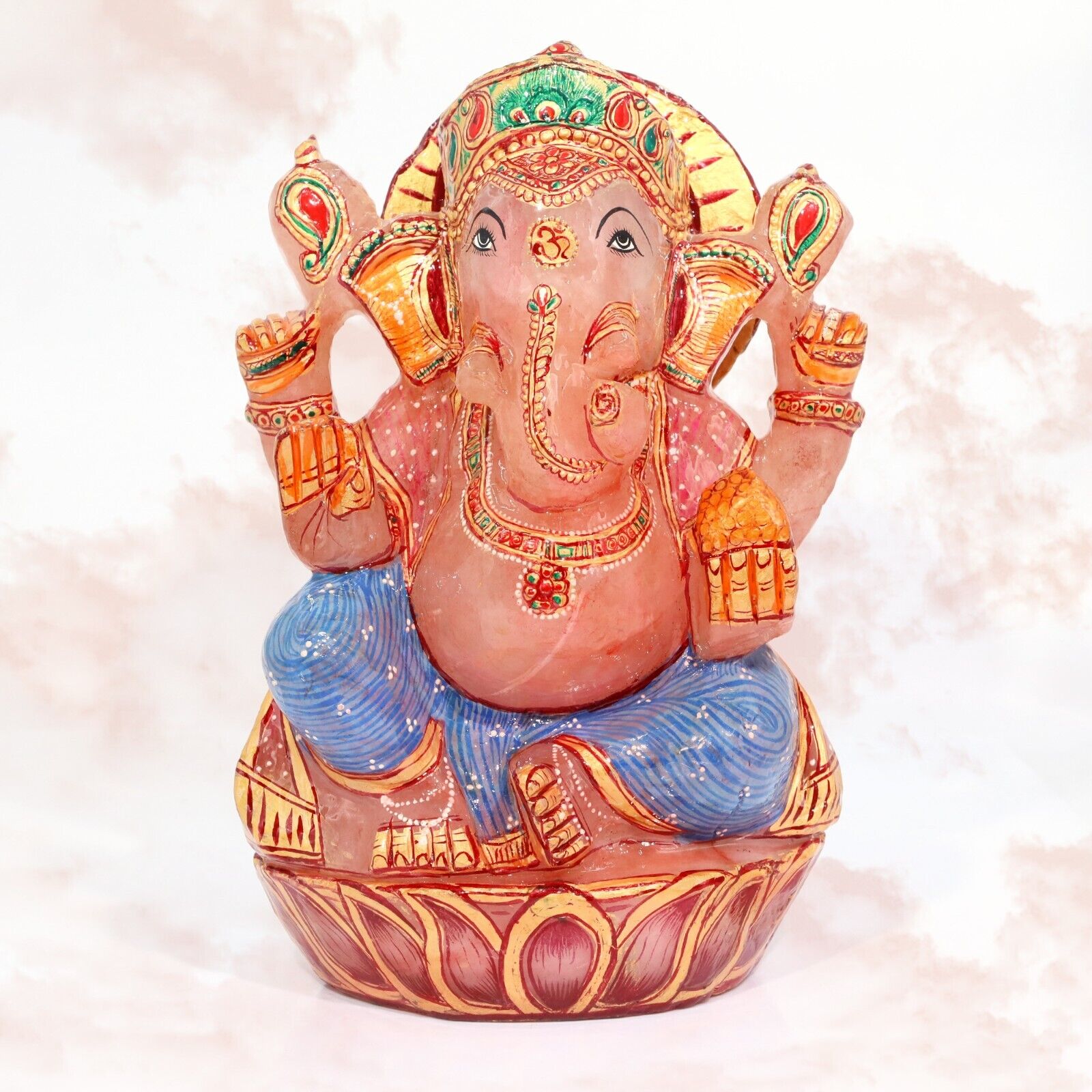 Rose Quartz Gold Painted Ganesha Hindu Religious Lord Ganesha Sitting Position