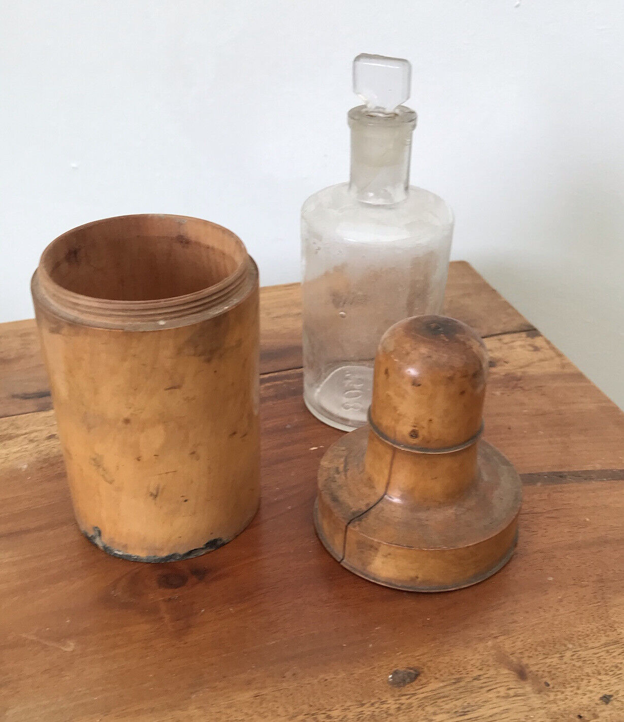 Antique French scent bottle with glass stopper wood container travel apothecary