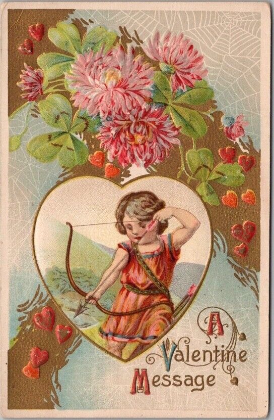 1914 VALENTINE\'S DAY Embossed Postcard Cupid Aiming Arrow / Flowers & Hearts