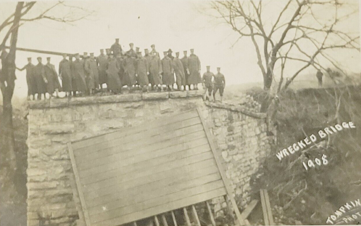 1908 RPPC Postcard Wrecked Bridge Tompkins Photo Uniform Men Buffalo New York