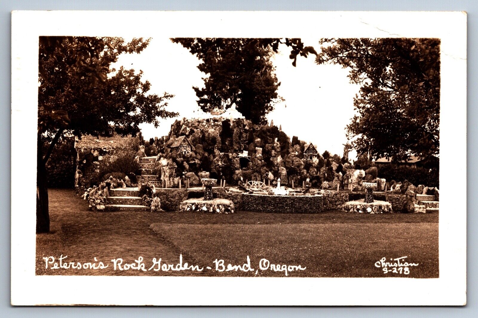 RPPC Postcard Bend Oregon Peterson's Rock Garden Christian Photo Posted 1947