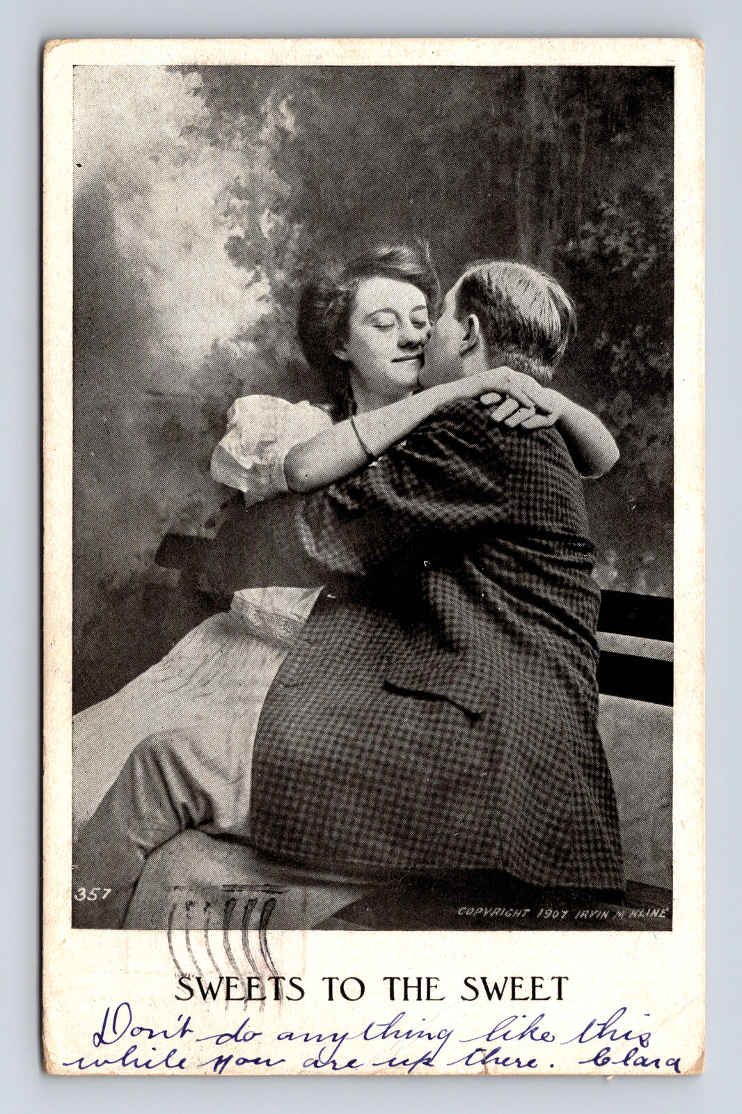 Romance Sweets to the Sweet Kissing Couple Irvin M Kline Jamaica NY Postcard