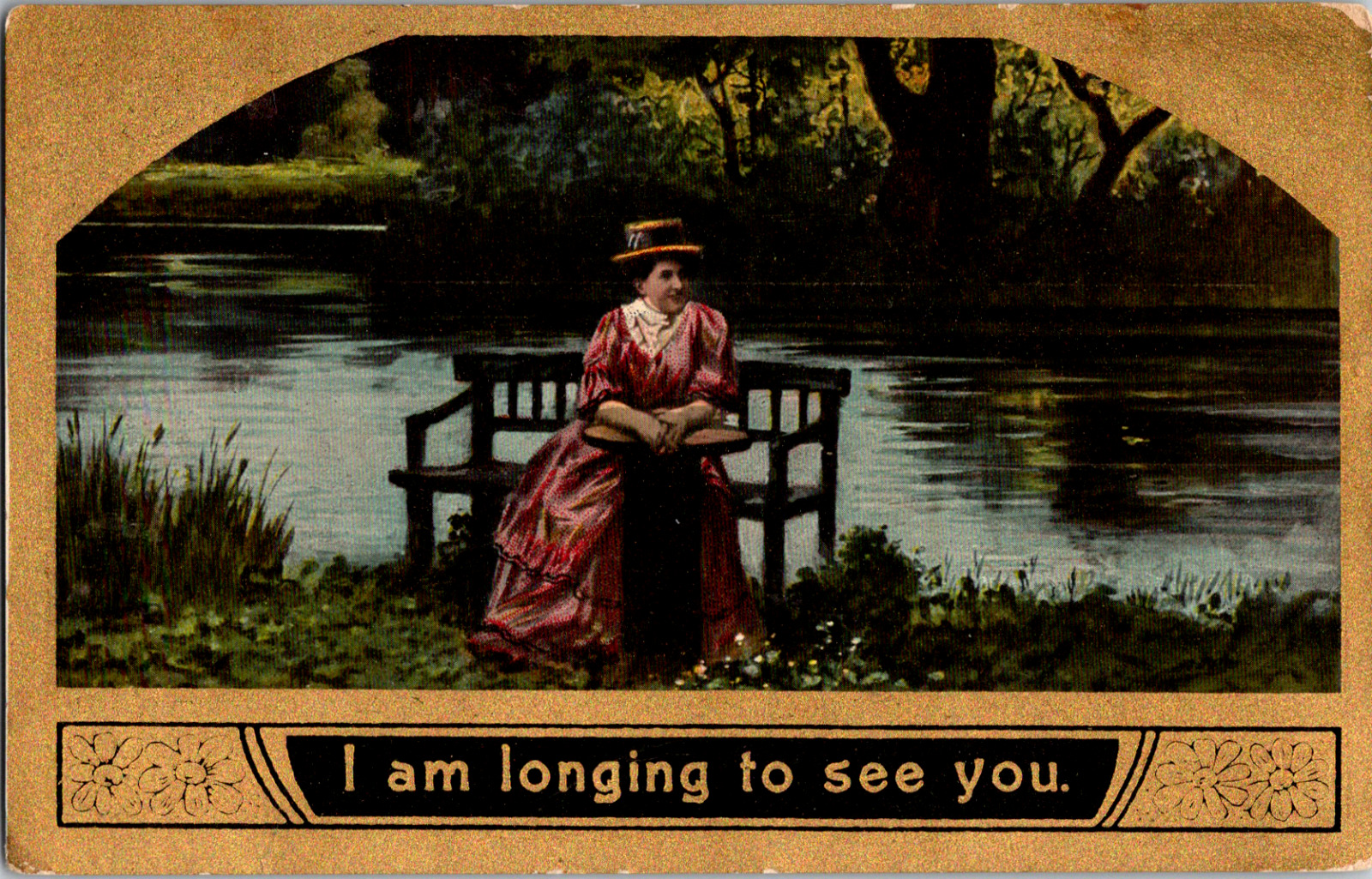 Vintage 1940's Lonely Victorian Dressed Woman Longing Missing You Postcard Park