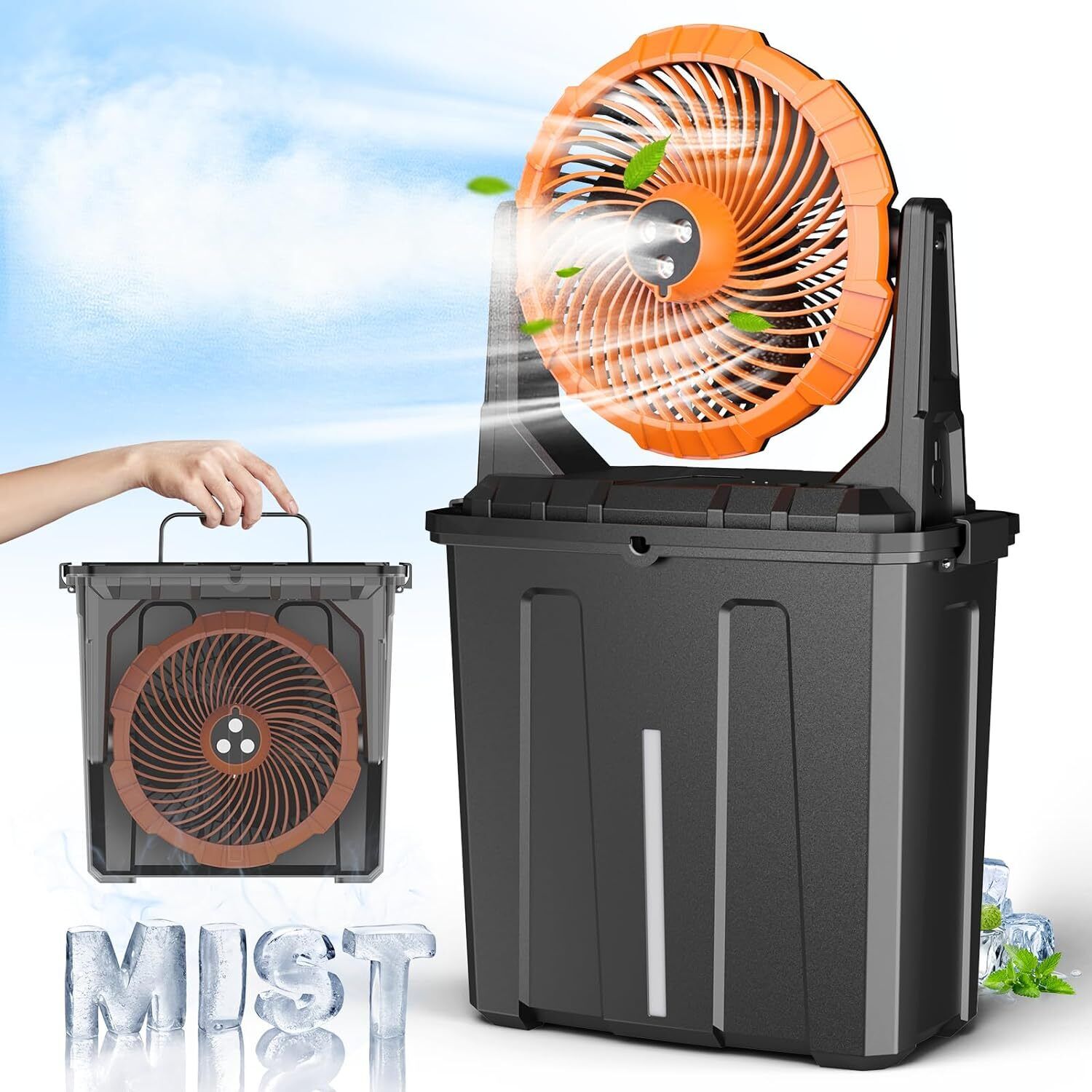 9L Bucket Portable Misting Fan for Outdoors Patios, 20000mAh Rechargeable
