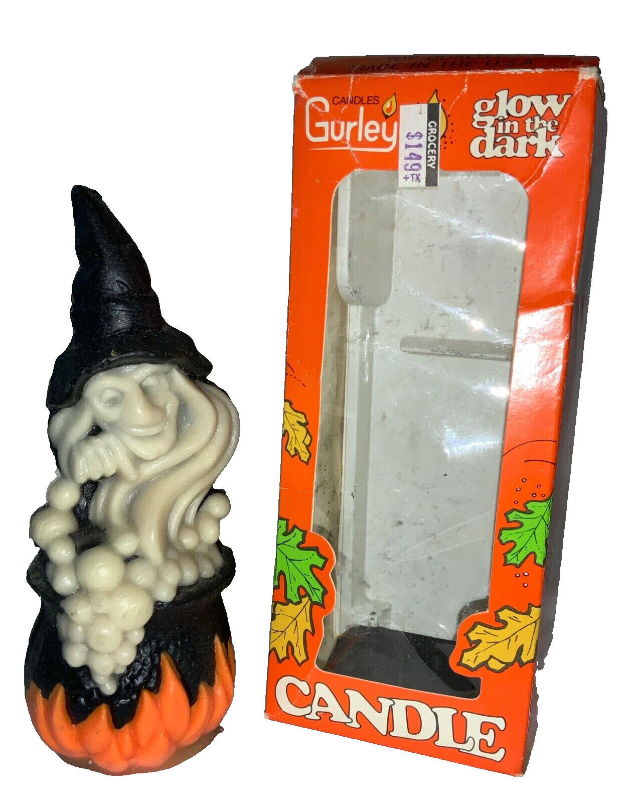 VINTAGE HALLOWEEN GURLEY CANDLE - GLOW-IN-THE-DARK WITCH WITH CAULDRON