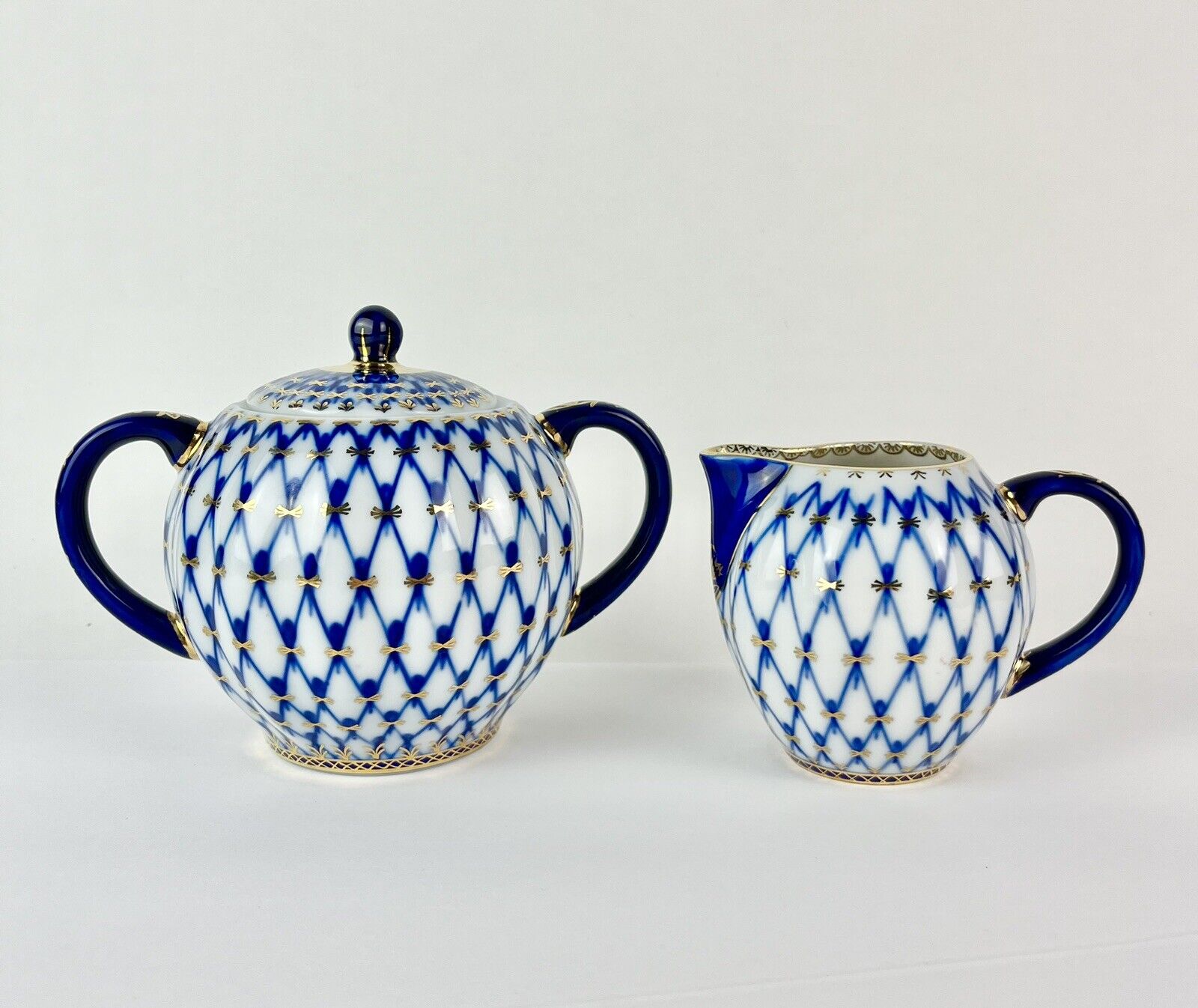 Imperial Lomonosov Porcelain Cobalt Net Blue/White Sugar Bowl & Creamer Tea Set
