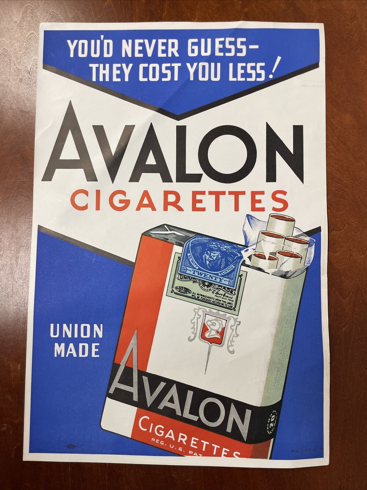   AVALON CIGARETTES STORE ADVERTISING WINDOW SIGN 1939 VINTAGE TOBACCO