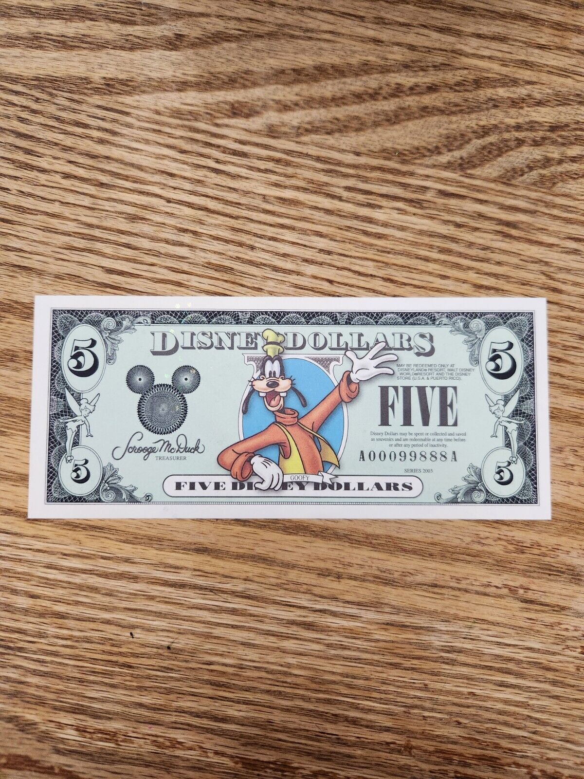 Goofy Disney Dollar 2003 $5 Bill