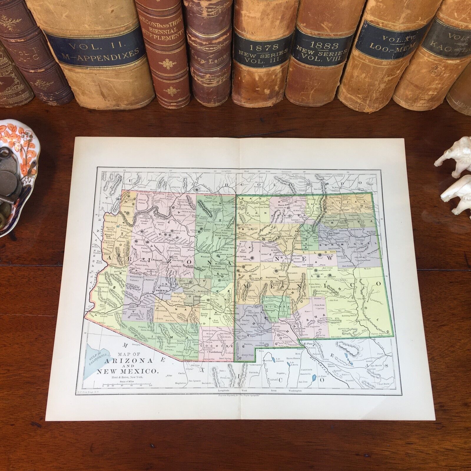 Original 1890 Antique Map ARIZONA NEW MEXICO Alamogordo Farmington Tucson Tempe