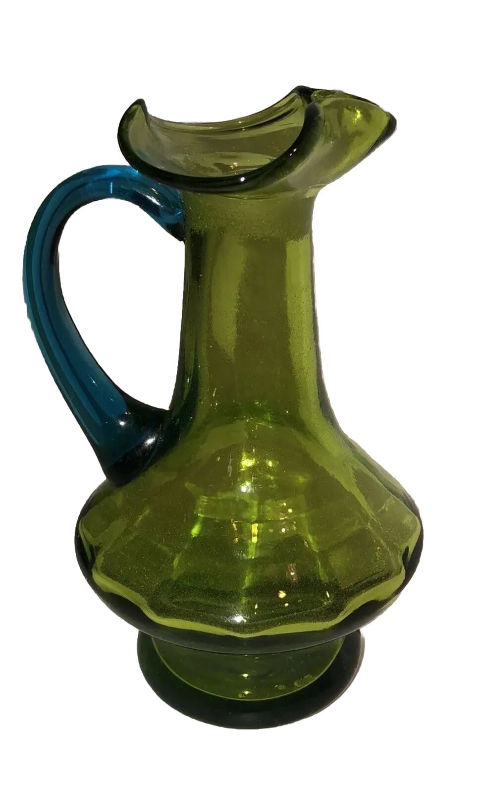 Vtg Green W/ Blue Handle Rainbow Glass Duotone Cruet Bottle Small Pitcher  MCM