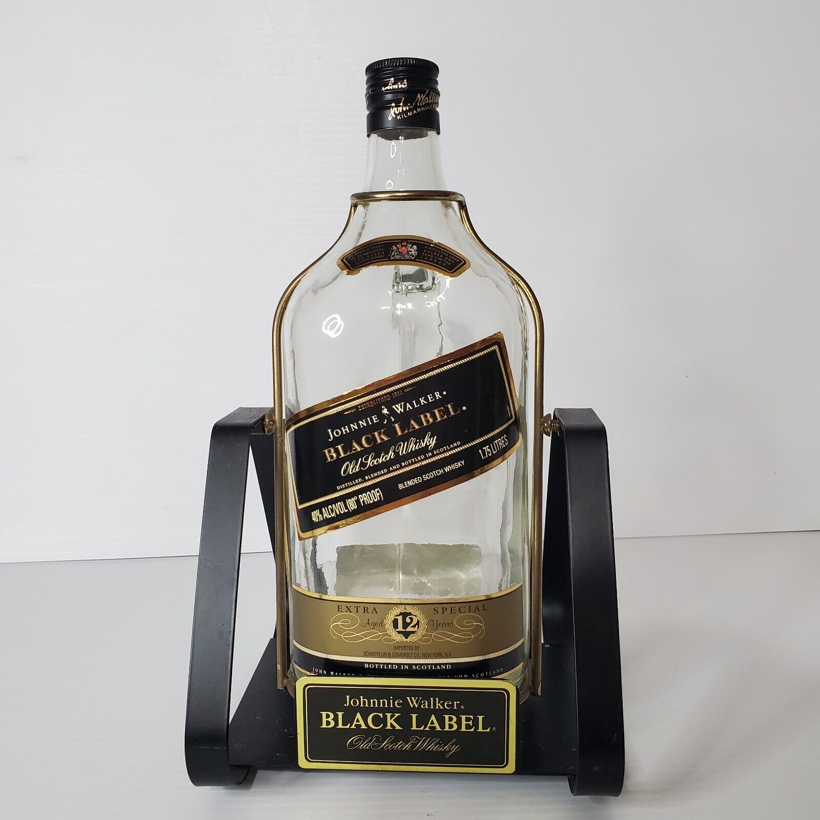 Vintage Johnnie Walker Black Label Whiskey Bottle Swing Cradle Stand Display 12