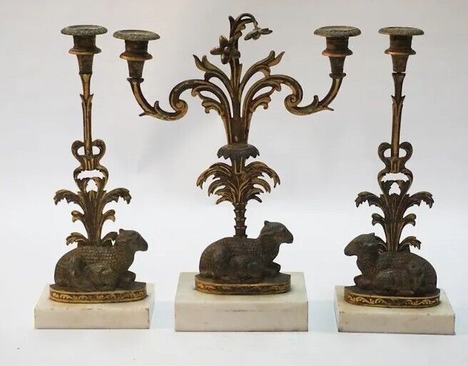 Antique Marble And Cast Bronze Candelabra 3 Piece Set Lamb Palmetto PALM TREE