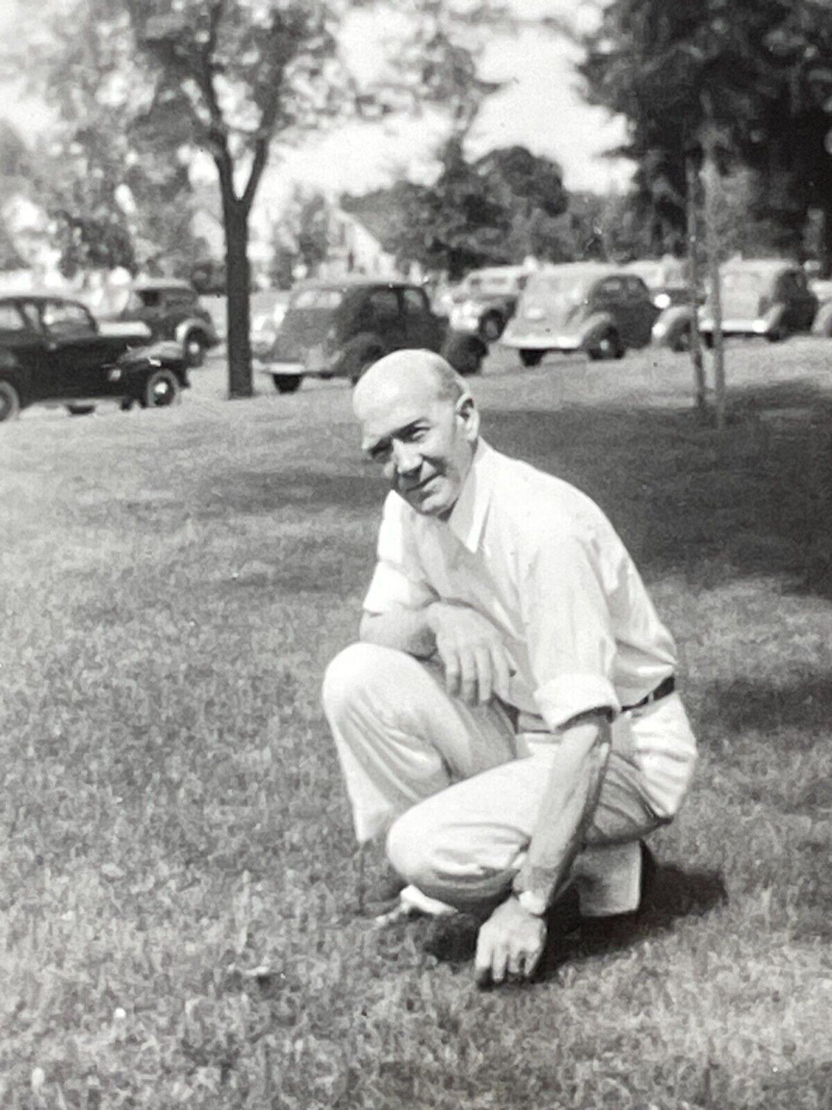 V9 Photograph 1942 Handsome Old Bald Man Posing In Park Grass Old Cars 