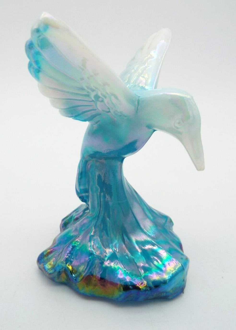 FENTON Blue White Iridescent Glass Hummingbird Figurine with Sticker VTG