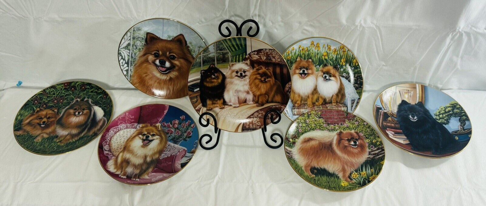 Danbury Mint 7 Piece Pomeranian Dog Plates Barbara Higgins Bond NEW