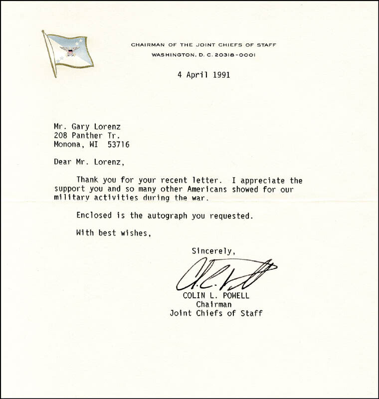 COLIN L. POWELL - TYPED LETTER SIGNED 04/04/1991