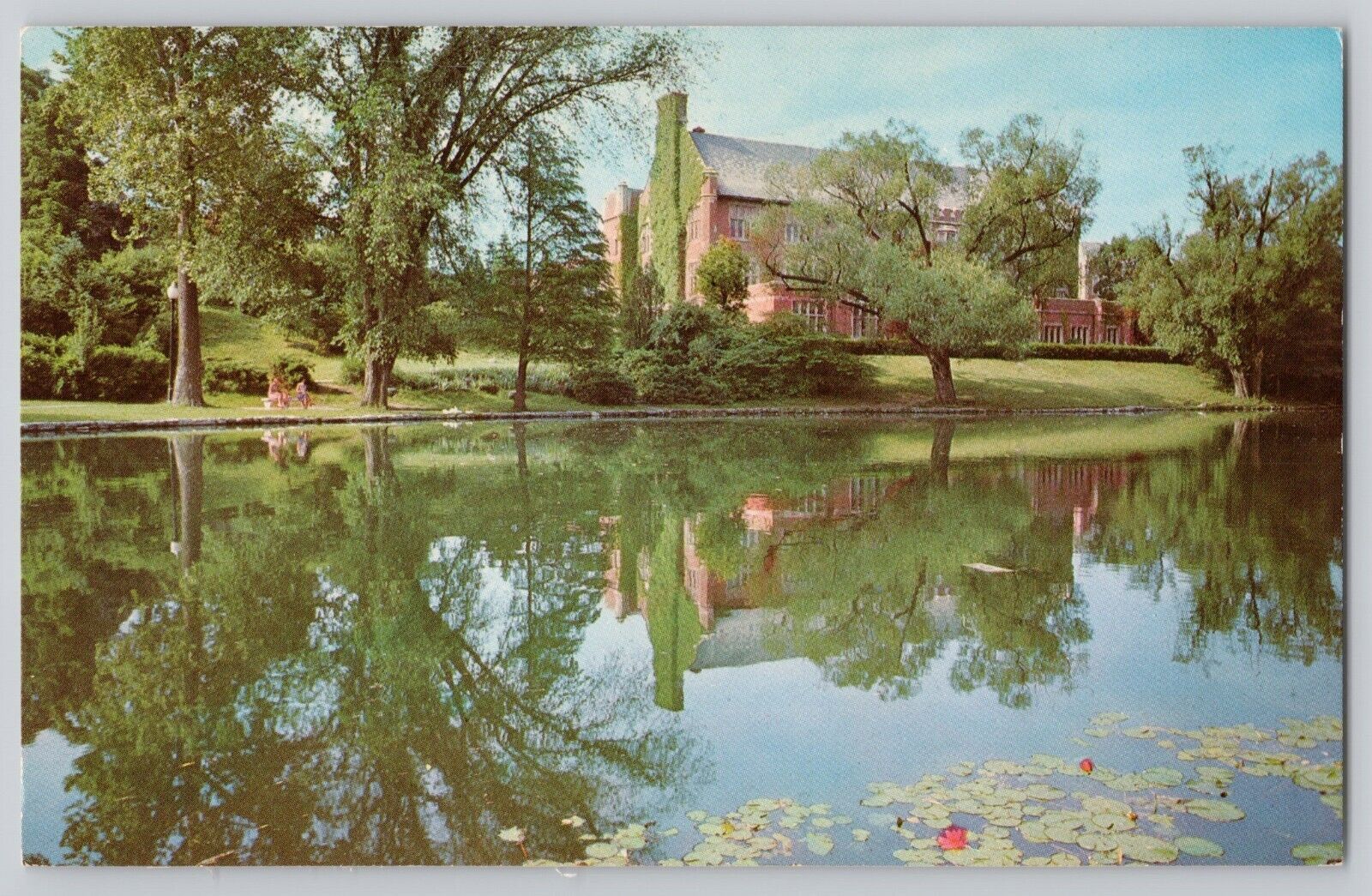 Columbus Ohio Mirror Lake and Campbell Hall Chrome Postcard Summer View